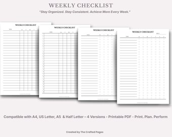 Weekly Checklist – 4 Versions – To Do List & Task Tracker – Printable Fillable PDF- 4 Sizes
