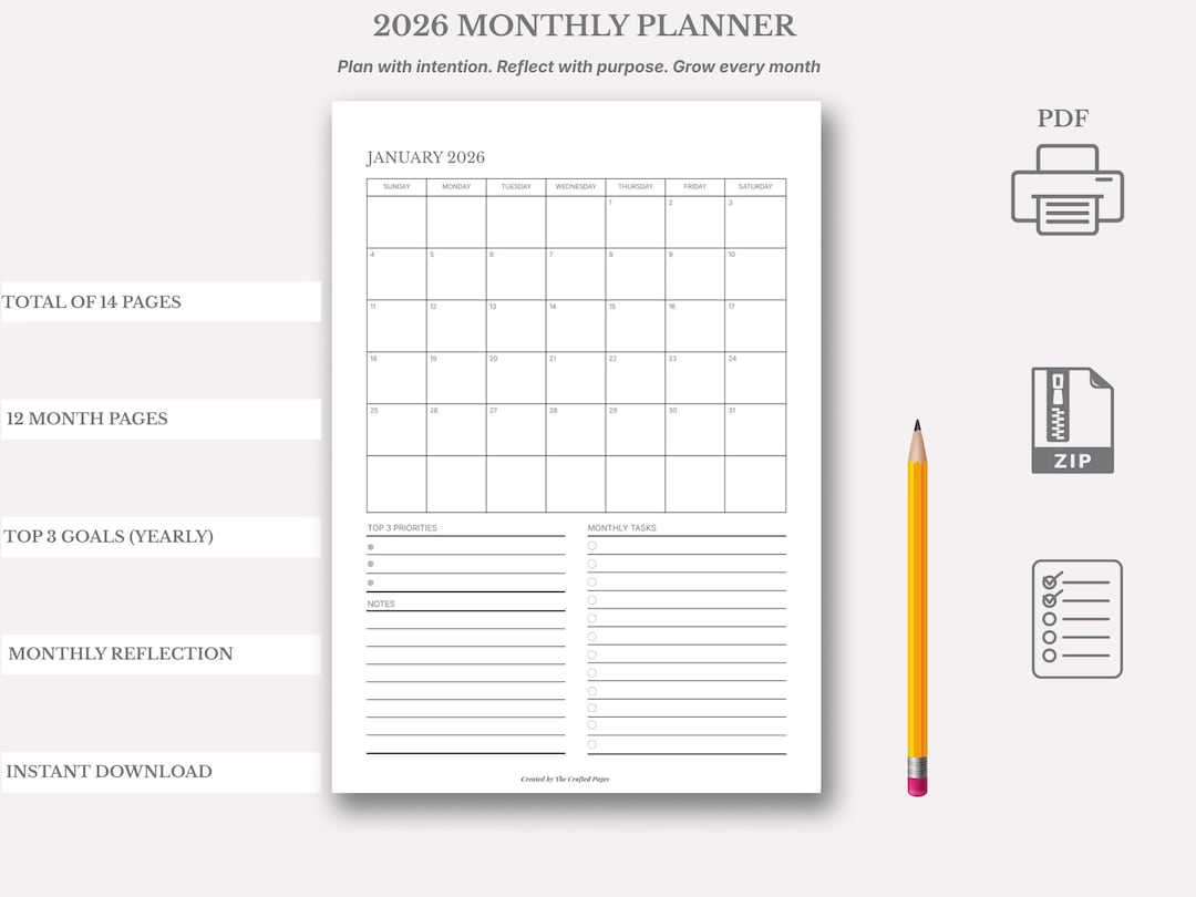 2026 Monthly Planner Printable | Minimal Calendar PDF | Instant