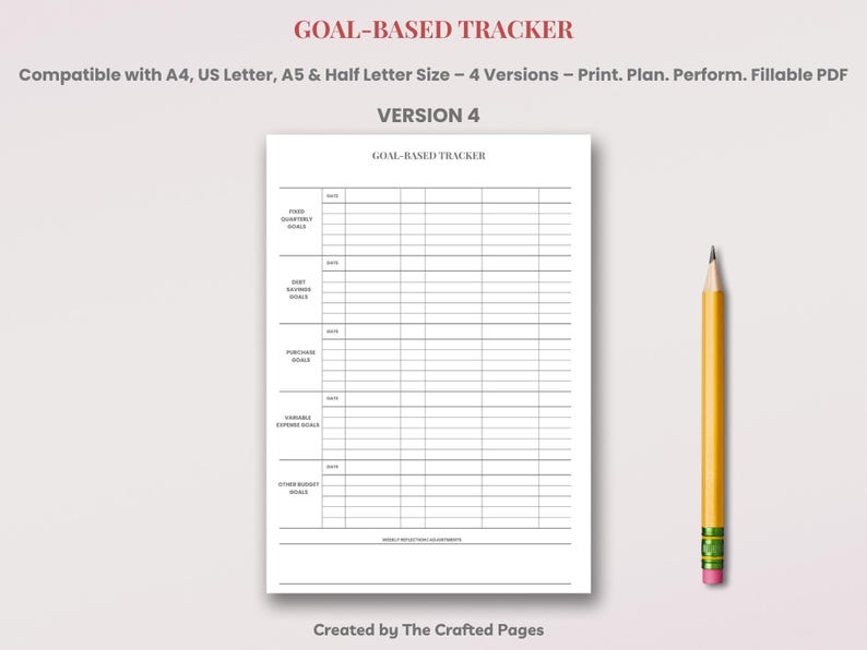 Goal-based Tracker – 4 Versions – Printable & Fillable PDF- 4 Sizes( A4 ...