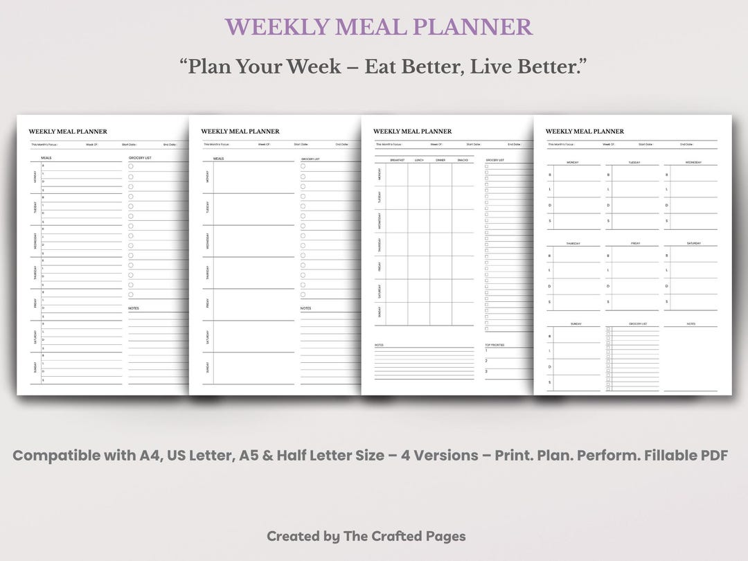 Weekly Meal Planner – 4 Versions, A4 US Letter A5 Half Letter - Etsy
