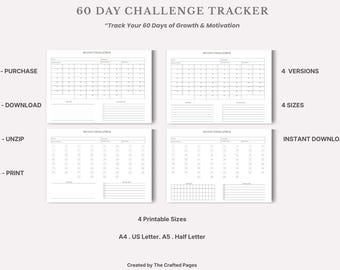 60 Day Challenge Tracker Printable – Habit & Goal Planner PDF- 4 Versions- 4 Sizes