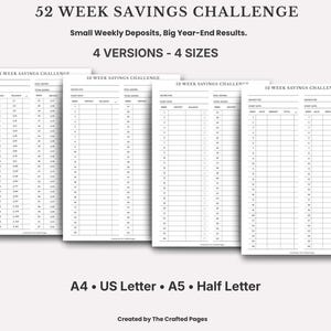 May include: A set of four white 52 Week Savings Challenge printable templates. The templates are available in four sizes: A4, US Letter, A5, and Half Letter. The text on the image reads "Small Weekly Deposits, Big Year-End Results."