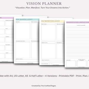 Vision Planner, Goal Mapping & Self Reflection (Printable PDF)-4 Versions- 4 Sizes