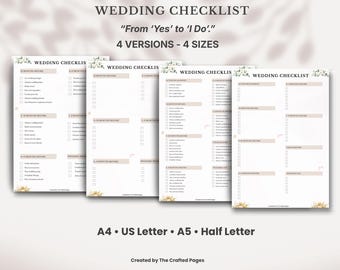 Wedding Checklist Printable, Planner, Template, Organizer (4 Versions, 4 Sizes)