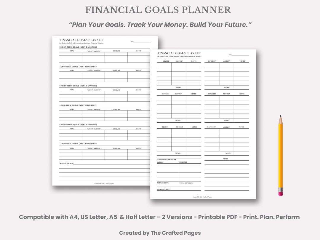 Financial Goals Planner | Monthly Financial Tracker | 2 Pages ...