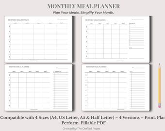 May include: Four white monthly meal planner templates with black grid lines, headers, and shopping lists. The text reads Monthly Meal Planner, Plan Your Meals. Simplify Your Month. Compatible with 4 Sizes (A4, US Letter, A5 & Half Letter) – 4 Versions – Print. Plan. Perform. Fillable PDF. Created by The Crafted Pages. A yellow pencil is on the right.