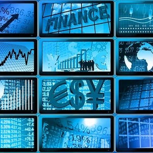 May include: A collage of blue computer screens displaying financial data, including graphs, charts, and currency symbols. The word "FINANCE" is displayed in large white letters on one of the screens.