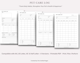 Pet Care Log – Daily Health & Routine Tracker (Printable PDF)