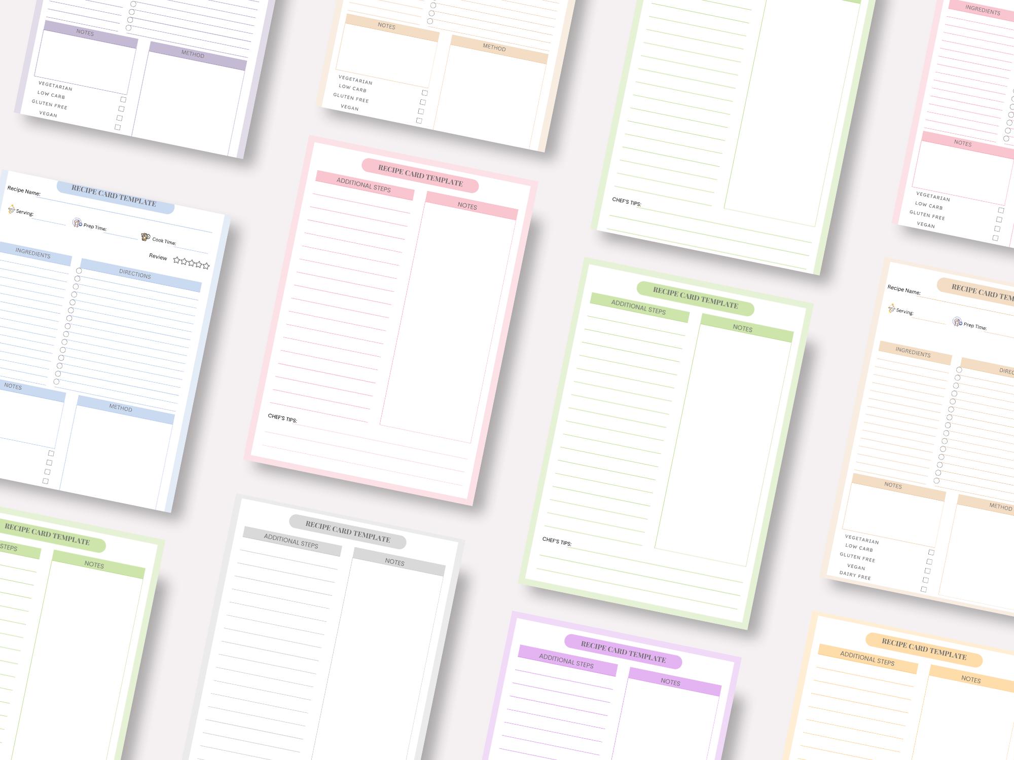 Printable Recipe Card Template: Fillable PDF, 10 Colors - 4 Sizes - 2 ...