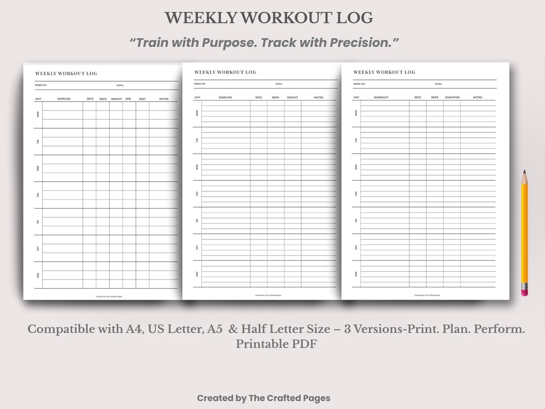 Weekly Workout Log | Printable PDF | 4 Sizes, 3 Versions - Etsy