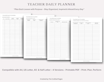 Teacher Daily Planner – Lesson Planning, Class Management (Fillable PDF)-4 Versions- 4 Sizes