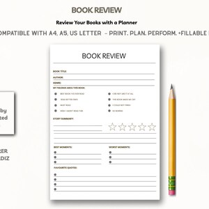 Book Review Planner,  Reading Tracker, Review Log, Printable PDF, Reading Journal, Book Review Template,  A4 A5 US Letter