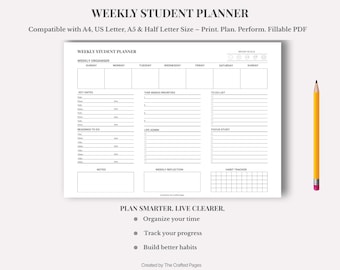 Weekly Student Planner Printable – Horizontal Layout – 4 Sizes – PDF Instant Download