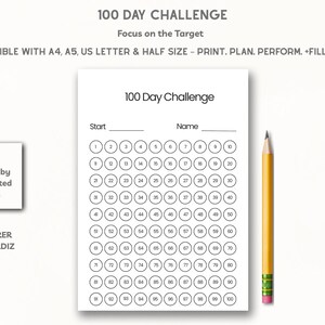 Rastreador de retos de 100 días, tamaño A4, tamaño A5, planificador de tamaño carta, planificador de tamaño medio, planificador de objetivos diarios, rastreador de motivación