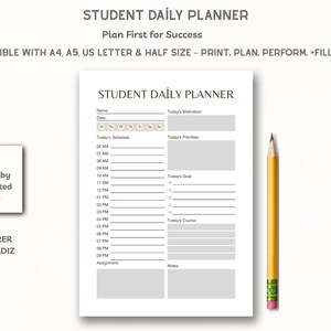 Planificador diario para estudiantes, planificador escolar imprimible, planificador académico, registro de tareas, tamaño A4, tamaño A5, tamaño carta (EE. UU.), tamaño media carta.