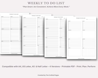 Minimalist Weekly To-Do List Planner - Fillable PDF (4 Sizes)- 4 Versions