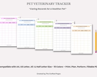 Registro veterinario de mascotas: Registro de salud imprimible (A4, A5, Carta EE. UU., Media carta) - 10 colores