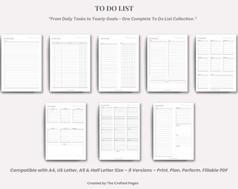 Minimalist To Do List Printable Bundle – Daily, Weekly, Monthly (PDF)-4 Sizes- 8 Versions