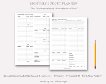 Monthly Budget Planner | 2 Versions | Fillable PDF – 4 Sizes