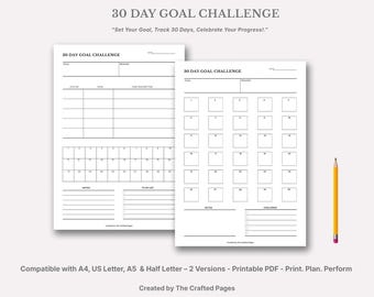 30 Day Goal Challenge Tracker: Minimalist Printable-4 Sizes- 2 Versions