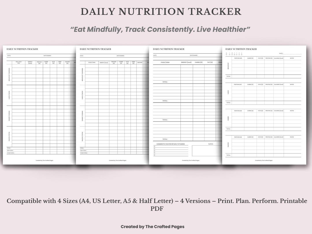 Printable Daily Nutrition Tracker – Macro & Meal Log (PDF)-4 Sizes- 4 ...