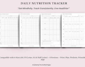 Printable Daily Nutrition Tracker – Macro & Meal Log (PDF)-4 Sizes- 4 Versions