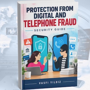 May include: A book titled Protection From Digital and Telephone Fraud Security Guide by Vasfi Yildiz. The cover features an illustration of a person at a laptop and a masked figure on a phone screen using a fishing rod to steal money.