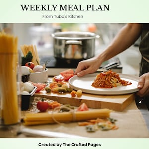 May include: A culinary scene featuring a weekly meal plan from Tuba's Kitchen. The image showcases various pasta types, fresh vegetables, and a plate of spaghetti with sauce. A person is holding a plate of pasta. The text "WEEKLY MEAL PLAN" is at the top.