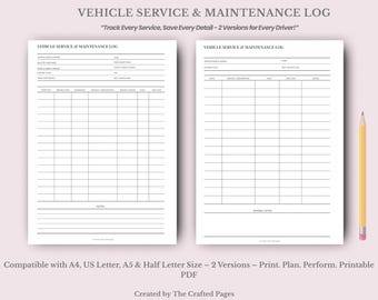 Vehicle Maintenance Log: Car Service Tracker, Fillable PDF- 2 Versions- 4 Sizes