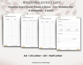 Wedding Guest List Planner, RSVP Tracker, Bridal Organizer (Instant Download)