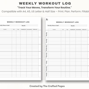 Registro semanal de ejercicios, rastreador de actividad física, planificador de gimnasio, registro de ejercicios imprimible, tamaño A4, A5, tamaño carta, planificador de media carta.