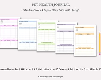 Pet Health Journal: Vet Visits, Vaccines, Health Records (Fillable PDF)-10 Colors- 4 Sizes