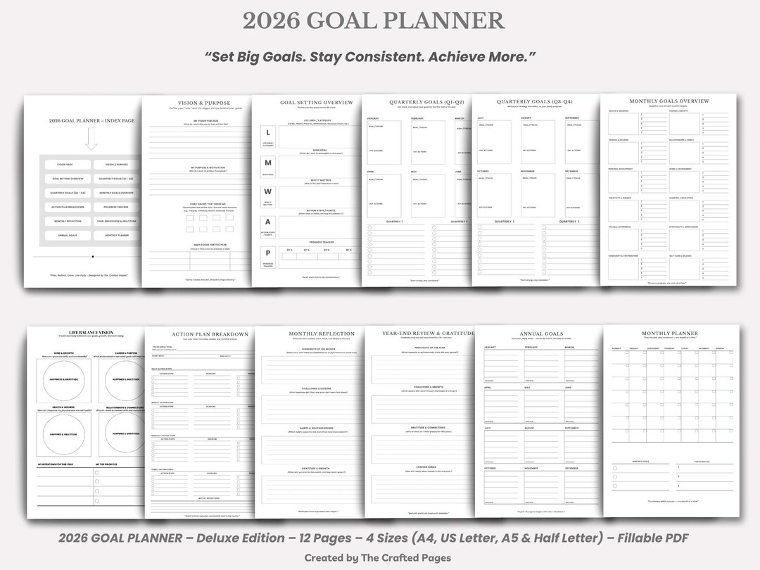 2026 Deluxe Planner | Goal Setting & Reflection | Fillable PDF – 12 ...