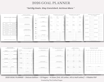 Agenda Deluxe 2026 / Establecimiento de Objetivos y Reflexión / PDF Rellenable – 12 Páginas – 4 Tamaños