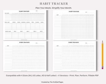 Conjunto de Rastreador de Hábitos – 4 Versões – PDF Imprimível – 4 Tamanhos (A4, Carta EUA, A5, Meia Carta)