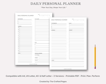Daily Personal Planner – Printable & Fillable PDF – A4, US Letter, A5, Half Letter- 2 Versions