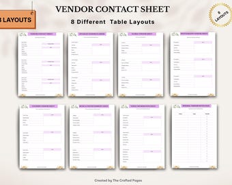 Wedding Vendor Contact Sheet, Planner Organizer (Digital Download)