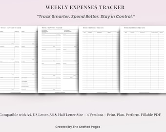 Weekly Expenses Tracker Printable, 4 Versions – A4, US Letter, A5 & Half Letter – Fillable PDF