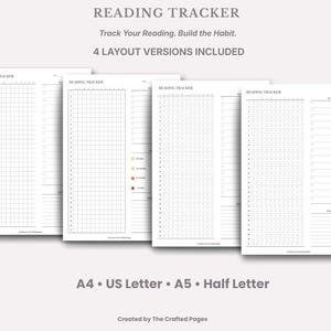 May include: A collection of four white reading tracker templates with different layouts. The text "READING TRACKER" and "Track Your Reading. Build the Habit." are at the top. The bottom text reads "A4 • US Letter • A5 • Half Letter".