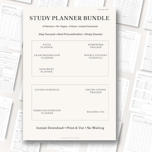 Puede incluir: Un paquete de planificadores de estudio con el texto "STUDY PLANNER BUNDLE" y las palabras "Stay Focused • Beat Procrastination • Study Smarter". El paquete incluye planificadores, rastreadores y horarios para diversas necesidades académicas. También se ve el texto "Instant Download • Print & Use • No Waiting".