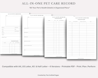 All in One Pet Care Record- 4 Sizes- 4 Versions