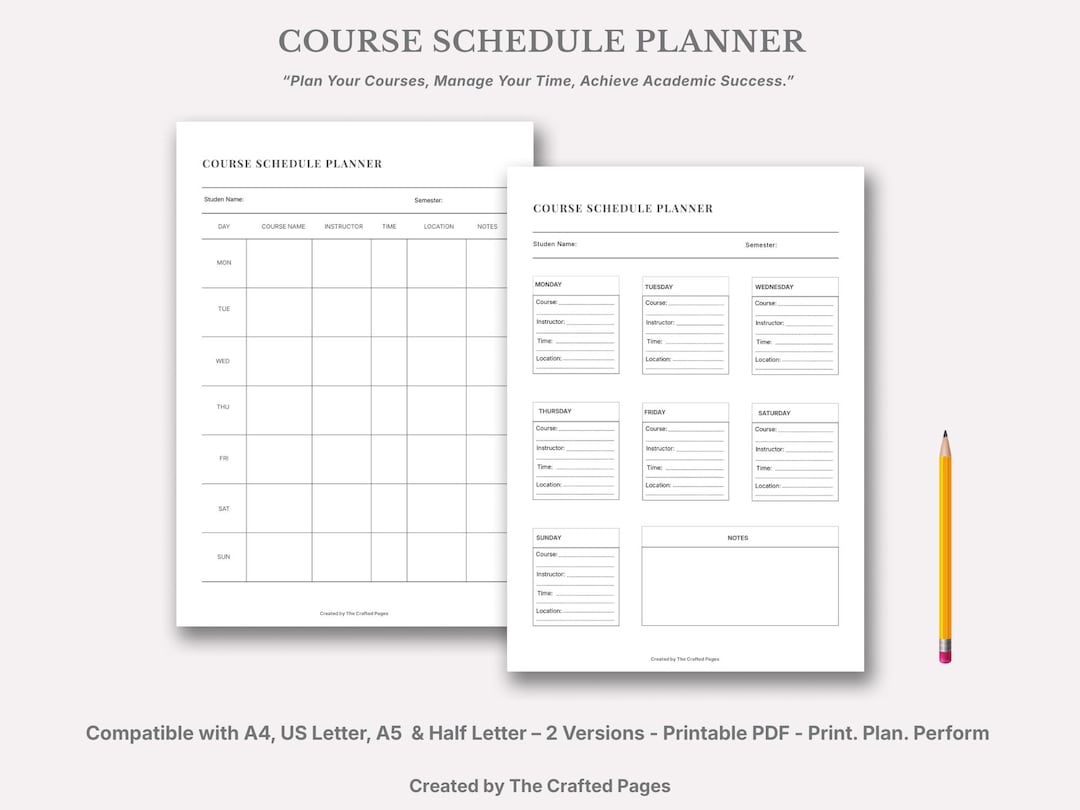 Course Schedule Planner (student Edition) – 2 Versions, 4 Sizes - Etsy