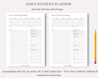 Daily Student Planner: Study Schedule, Goals & Tasks (Printable PDF, 4 Sizes)