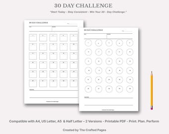 30 Day Challenge Planner: Minimalist Habit Tracker (Printable PDF)-2 Versions- 4 Sizes