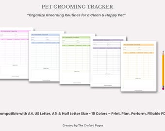Pet Grooming Tracker: Printable Pet Care Log (Fillable PDF)-4 Sizes- 10 Colors