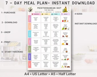Mediterranean Diet 7-Day Meal Plan, Healthy Weekly Planner (PDF Download)