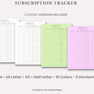 Planificador de suscripciones imprimible (mensual y anual) PDF rellenable (4 tamaños, 10 colores)
