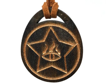 Eldritch Lovecraftian occult pagan Flaming Eye Elder Sign wood pendant talisman with color fill