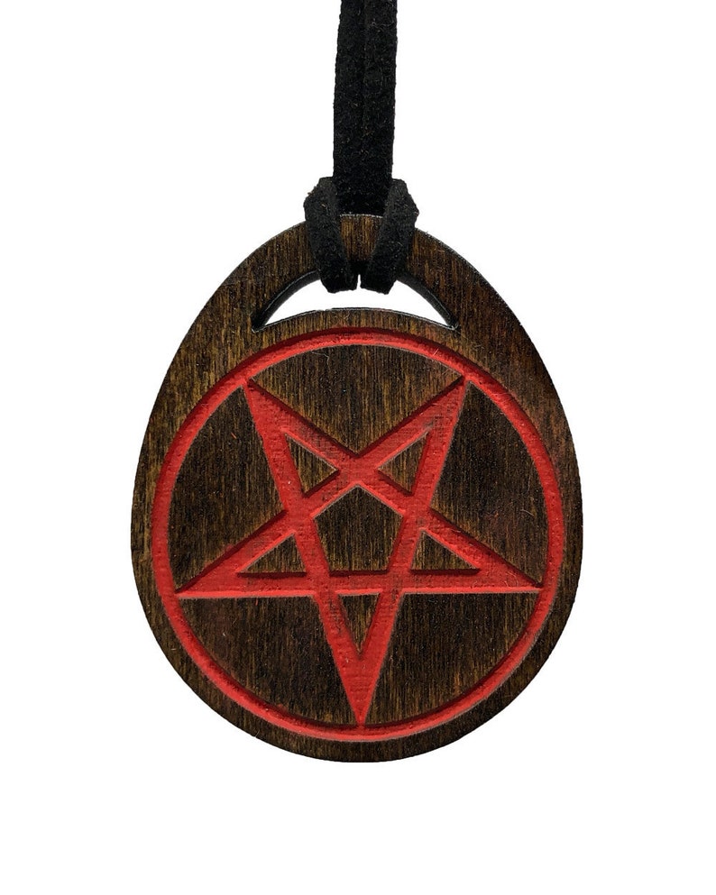 Witchy occult pagan Inverted Pentacle wood pendant talisman with color fill image 1