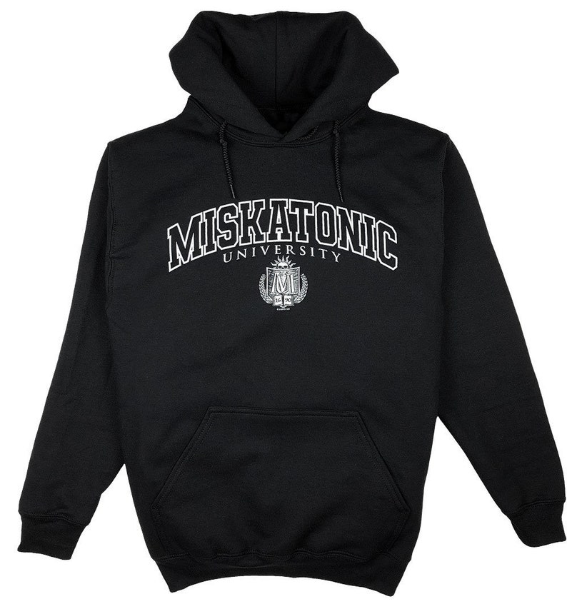 Miskatonic University Ivy League seal, Lovecraft Cthulhu Mythos pullover HOODY Black or Gray Heather S-4XL image 1